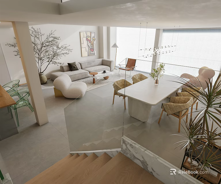 Modern Duplex Living Room Interior Design With Sofa Coffee Table Staircase Large Windows And Plants 3d model 