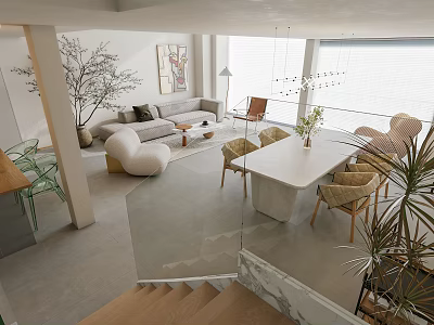 Modern Duplex Living Room Interior Design With Sofa Coffee Table Staircase Large Windows And Plants 3d model