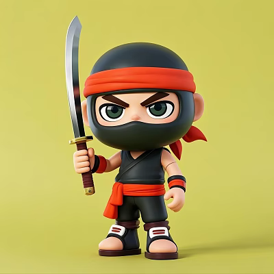 Ninja Man Holding Samurai Sword in Black Outfit with Red Headband on Yellow Background 3d model