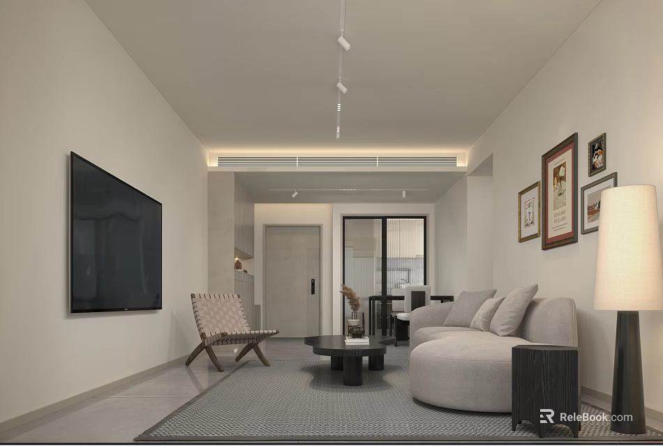 Modern Living Dining Room Interior With Large TV Beige Sofa Armchair And Decorative Paintings 3d model 