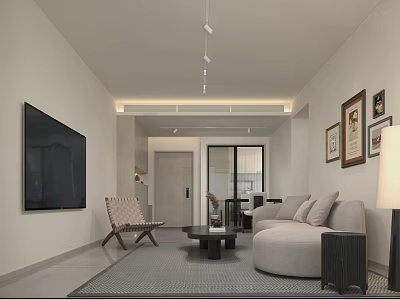 Modern Living Dining Room Interior With Large TV Beige Sofa Armchair And Decorative Paintings 3d model
