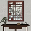 Traditional Chinese Decorative Scene With Dark Wooden Frame Window And Potted Plant On Table