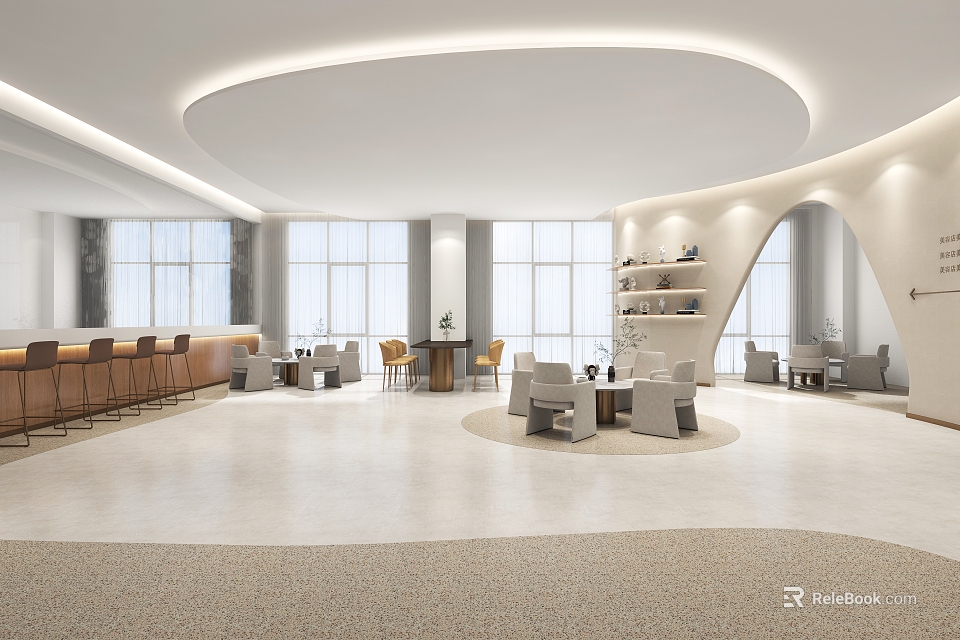 Modern Lounge Area With Large Windows Curved Ceiling Bar Counter Round Seating And Light Furniture 3d model 