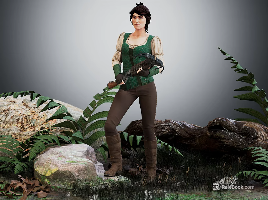 Brave Female Adventurer in Green Vest Holding Axe Among Fern Plants and Forest Creatures 3d model 