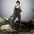 Brave Female Adventurer in Green Vest Holding Axe Among Fern Plants and Forest Creatures