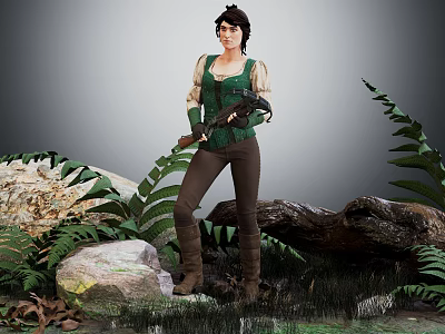 Brave Female Adventurer in Green Vest Holding Axe Among Fern Plants and Forest Creatures 3d model