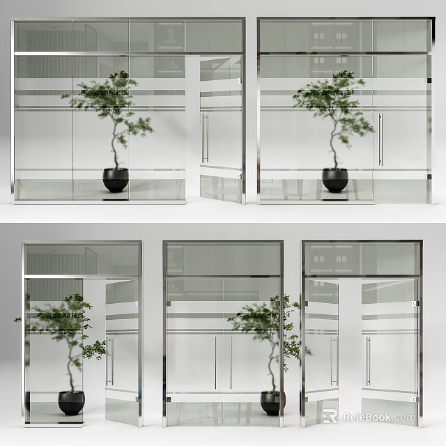 Modern Architectural Interior Featuring Glass Doors Windows And Green Plant In Black Pot 3d model 