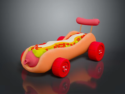 Adorable Pig Themed Toy Vehicle Resembling Hot Dog With Red Wheels And Pink Accents 3d model