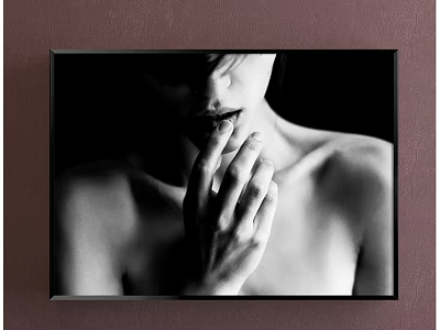 Black and White Female Nude Portrait Painting With Hand on Lips Dark Background Black Frame 3d model