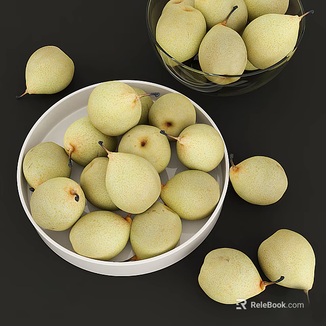 White Ceramic Bowl Filled With Fresh Pears On Dining Table 3d model