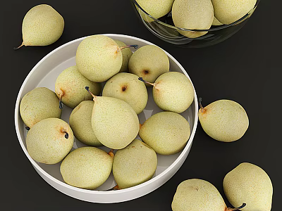 White Ceramic Bowl Filled With Fresh Pears On Dining Table 3d model