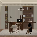Modern Study Room With Wooden Desk Bookshelves Comfortable Chair Pendant Lamp And Green Plant