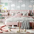 Cute Kids Room Interior With Pink Bed Cloud Wallpaper Chandelier And Toys