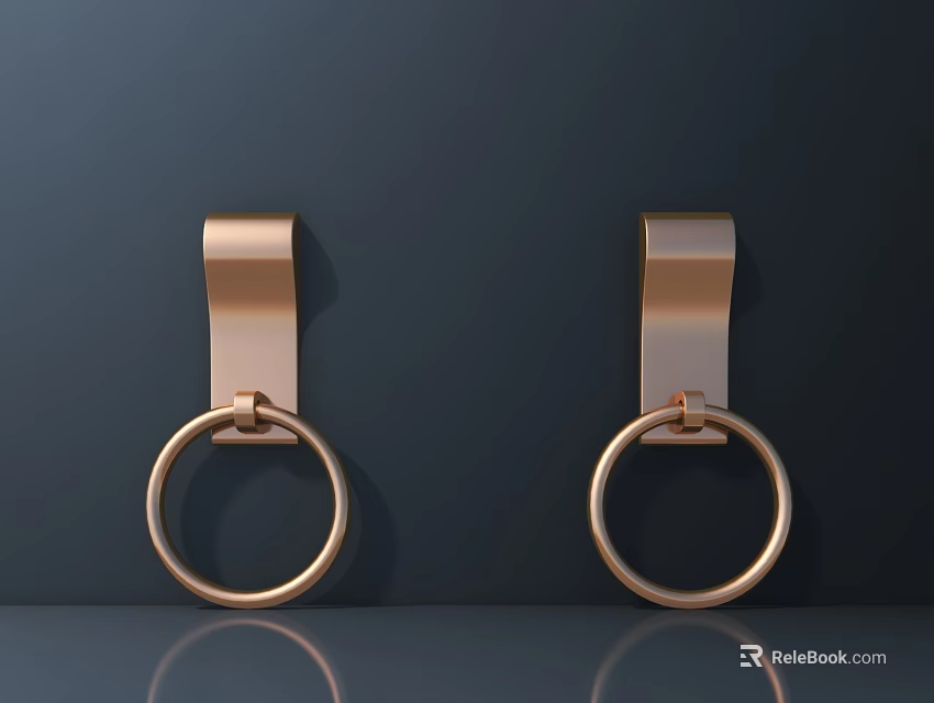 Modern Minimalist Brushed Copper Circular Ring Door Handles Mounted on Dark Wall 3d model 