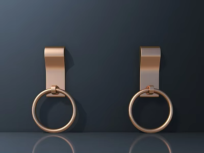 Modern Minimalist Brushed Copper Circular Ring Door Handles Mounted on Dark Wall 3d model