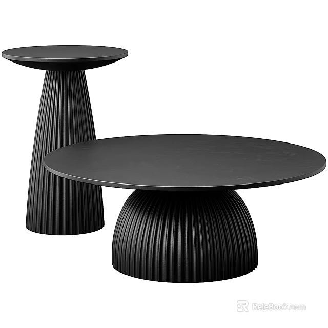 Two Piece Modern Black Coffee Table Set With Vertical Grooved Base Design 3d model 