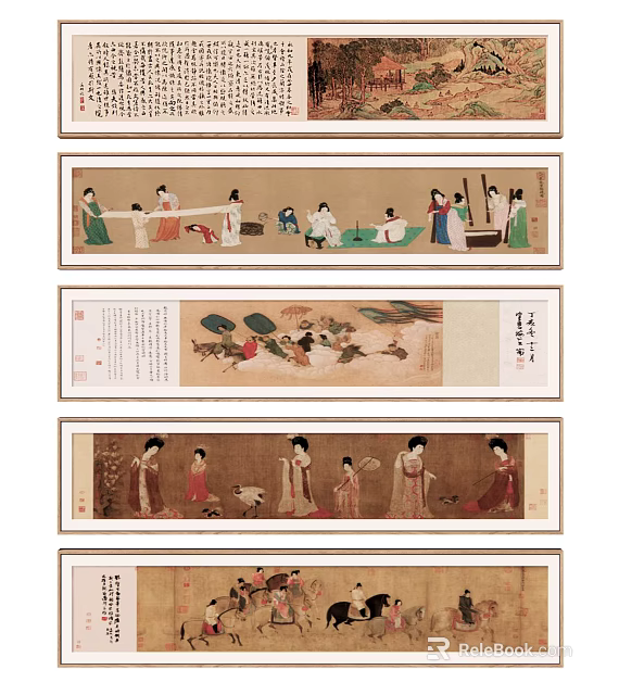 Traditional Chinese Figure Paintings Featuring Ancient Female Figures In Classical Attire And Scenic Backgrounds 3d model 