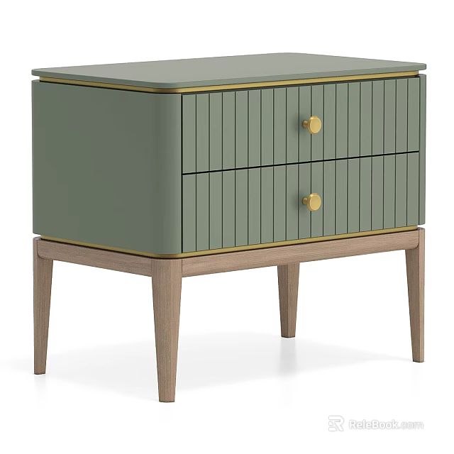 Green Bedside Table With Two Drawers Gold Round Knobs Vertical Stripes Wooden Legs 3d model