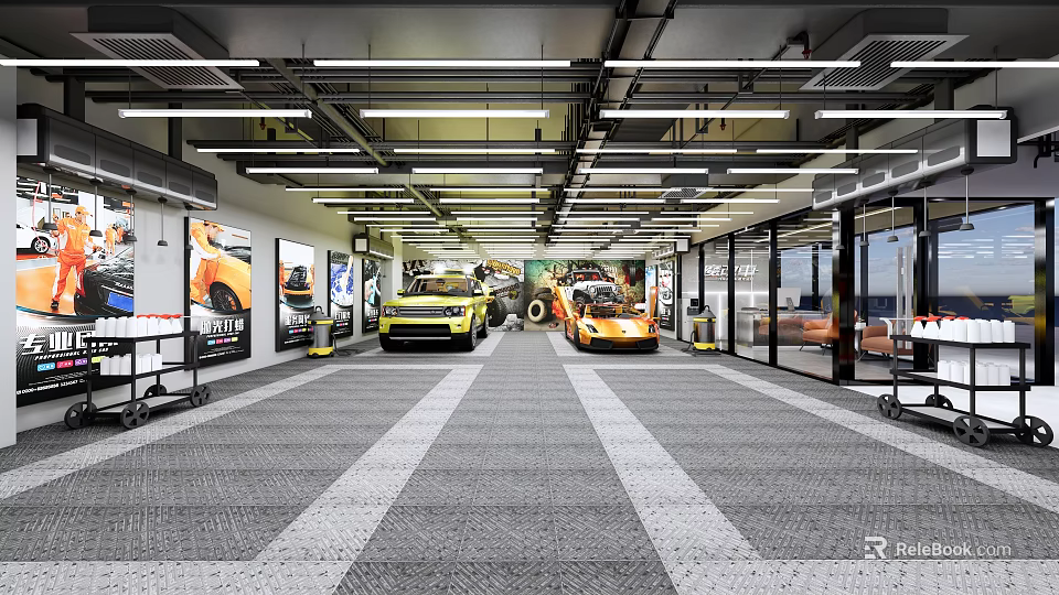 4S Car Showroom Displaying Cars in Spacious Interior with Modern Lighting and Glass Walls 3d model 