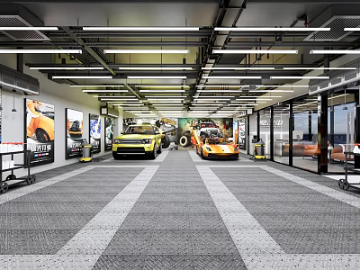 4S Car Showroom Displaying Cars in Spacious Interior with Modern Lighting and Glass Walls 3d model