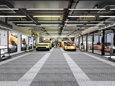 4S Car Showroom Displaying Cars in Spacious Interior with Modern Lighting and Glass Walls 3d model