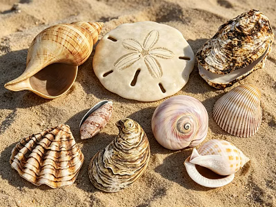 Various Aquatic Animals Shells Including Sand Dollar Conch And Oyster On Sandy Beach 3d model