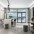 Modern Restaurant Interior With Pink Walls TV Screen White Table Black Chairs And Bookshelves
