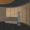 Modern Front Desk Reception Area With Marble Counter Rabbit Sculpture And Grid Patterned Wall 3d model