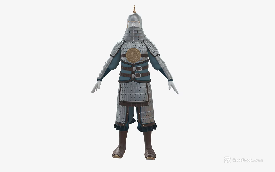 Ancient Warrior Armor With Metallic Helmet Shoulder Guards Chest Plate And Leggings 3d model 