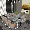 Modern Dining Table Set With Marble Top Six Chairs Vase Fruits And Rug