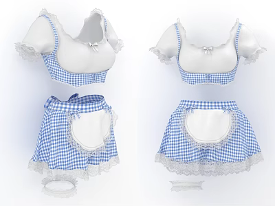 Blue And White Checkered Maid Outfit Blouse Skirt Set With Short Sleeves And Lace Trim 3d model