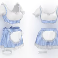 Blue And White Checkered Maid Outfit Blouse Skirt Set With Short Sleeves And Lace Trim
