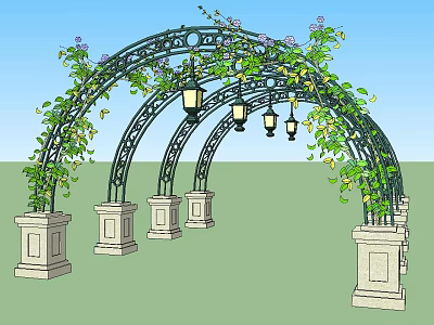 Arched Iron Pergola With Climbing Vines Purple Flowers Hanging Lanterns And Stone Pillar Bases 3d model