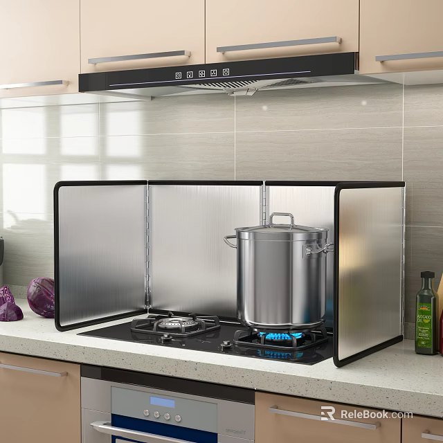 Kitchen Appliances Gas Stove With Stainless Steel Pot Splash Guard And Tile Backsplash 3d model 