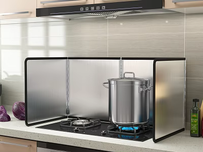 Kitchen Appliances Gas Stove With Stainless Steel Pot Splash Guard And Tile Backsplash 3d model