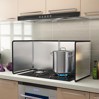 Kitchen Appliances Gas Stove With Stainless Steel Pot Splash Guard And Tile Backsplash 3d model