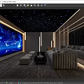 Modern Home Theater Interior With Starry Ceiling Large Screen Gray Sofa And Ambient Lighting 3d model