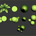 3D Modeled Green Plants With Various Shapes Including Palm Tree And Trunks On Dark Background