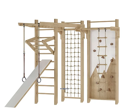 Wooden Outdoor Play Structure With Swings Rope Net Rock Climbing Wall And Slide 3d model