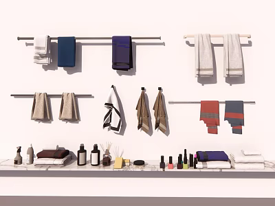 Soft Various Colored Bath Towels Hanging On Rods With Bathroom Toiletries And Accessories 3d model