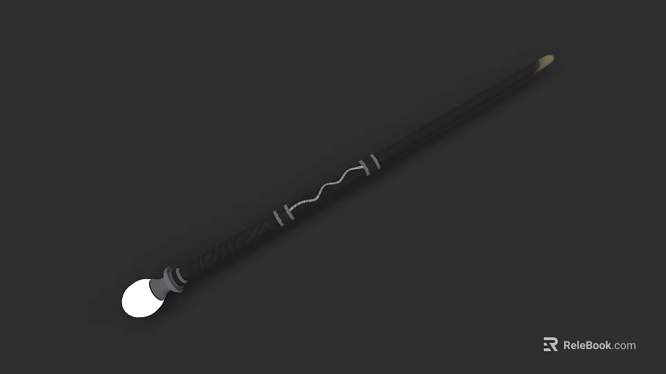 Magical Weapon Black Wand With Carved Patterns Metal Rings And Glowing White Orb 3d model 