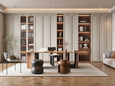 Modern Open Study Room Interior With Built in Shelves Wooden Desk And Decorative Items 3d model
