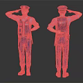 Auxiliary Police Officer in Blue Uniform Front Back View Saluting with Badge and Waist Gear