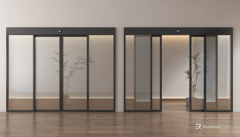 Modern Glass Doors With Black Frames And Plant Patterns In Light Wall Interior 3d model
