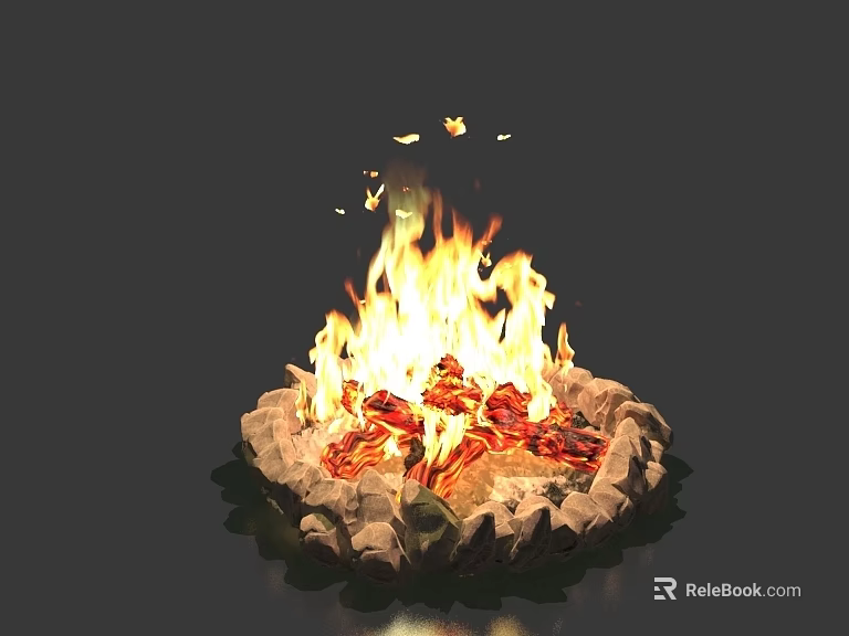 Road Facilities Rest Area Fire Pit With Campfire Flames Stone Structure And Flying Butterflies 3d model 