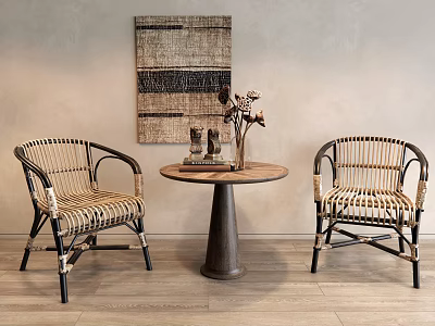 Rattan Leisure Chairs with Round Wooden Table and Woven Wall Tapestry on Wooden Floor 3d model