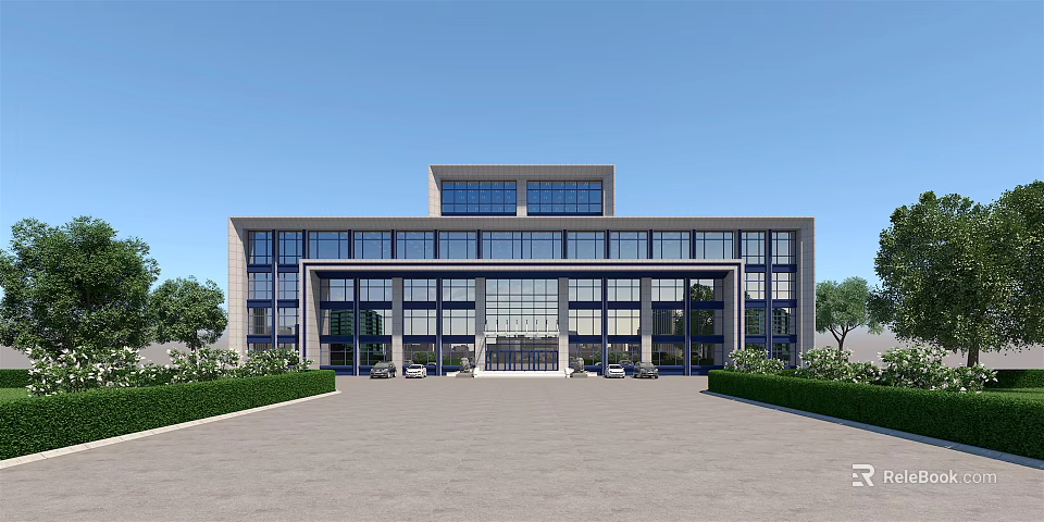 Modern Office Building Exterior With Large Glass Windows Front Entrance and Landscaped Bushes 3d model 