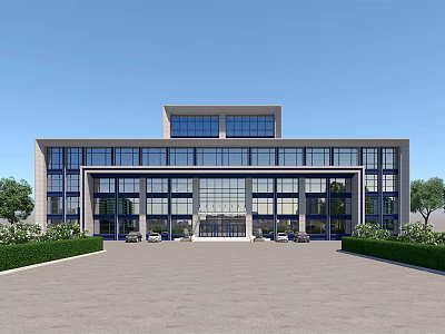 Modern Office Building Exterior With Large Glass Windows Front Entrance and Landscaped Bushes 3d model