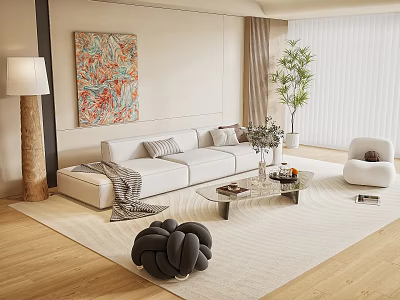 Modern Living Room Interior with White Sofa Floor Lamp Coffee Table Artwork Plant and Decorative Rug 3d model