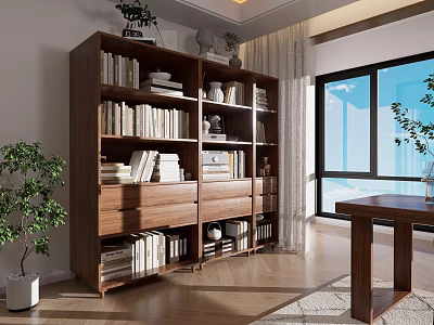 Modern Wooden Bookcase In Bright Room With Layered Shelves Books And Potted Plant 3d model